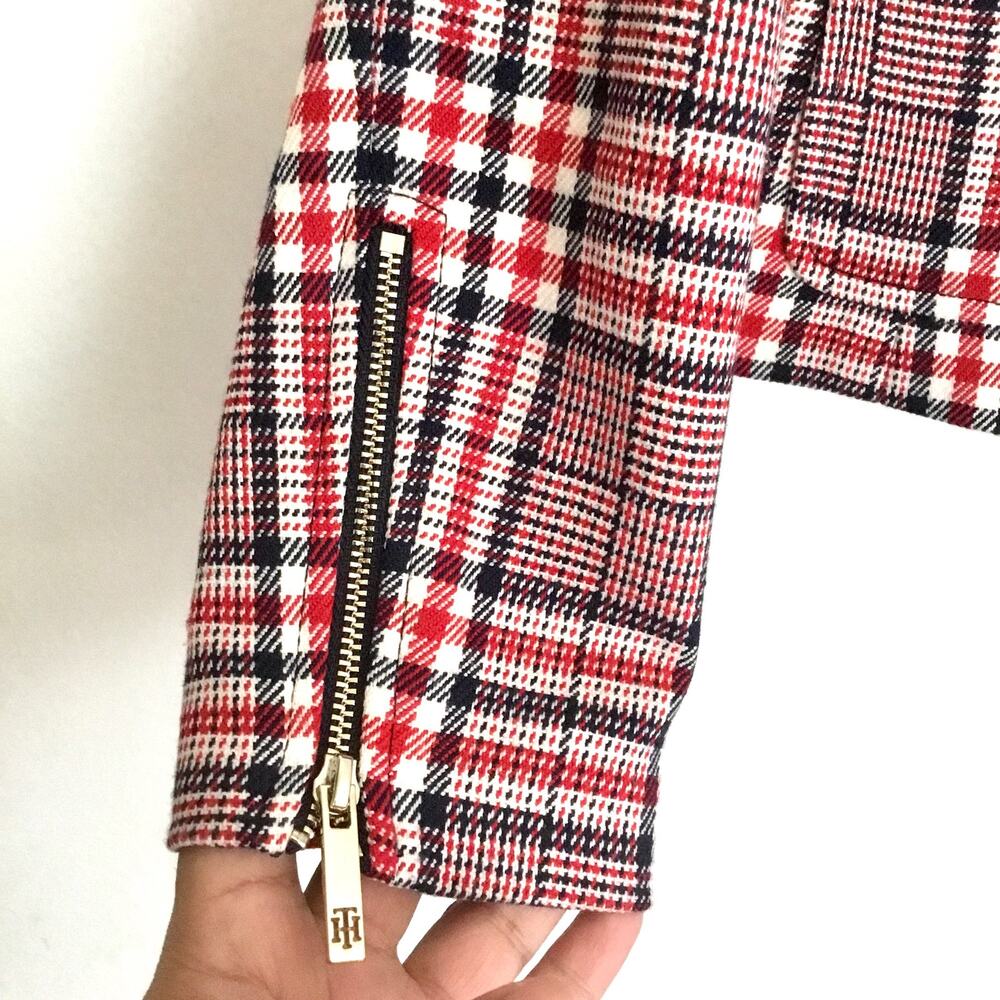 TOMMY HILFIGER Women's RED BLUE WHITE HOUNDSTOOTH  Plaid Zip-Up Jacket Sz 4 - Picture 7 of 9